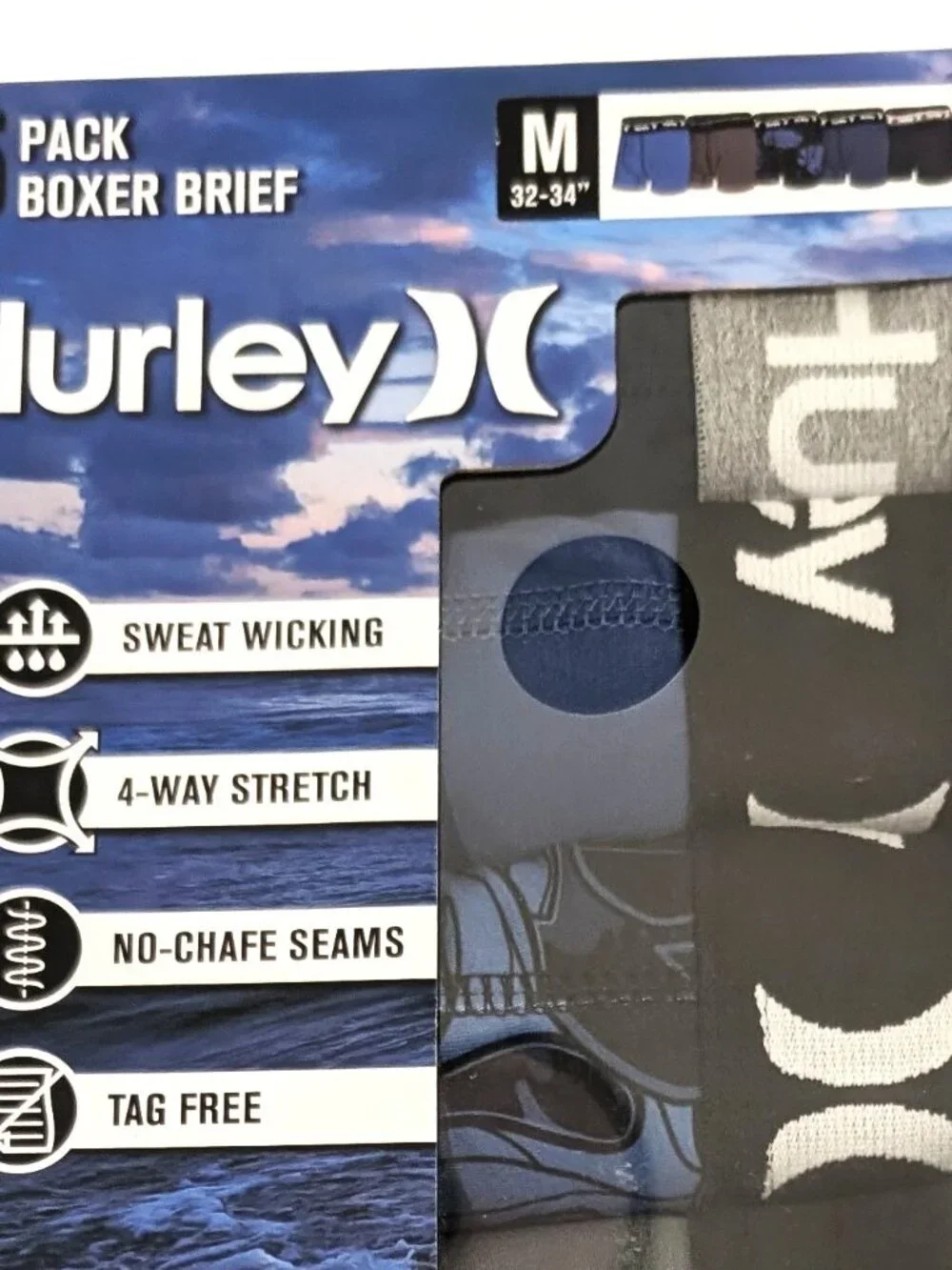 Hurley Performance Boxer Briefs 5-Pack Blue Gray Assortment Size M Strech Men 🌊